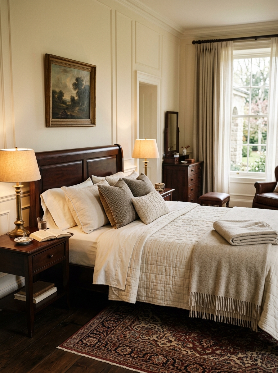 Classic bedroom focused on cream layered bedding with dark wood bed, crisp cream sheets, quilted coverlet, textured pillows, folded wool blanket, dark wood nightstands, brass lamps, and soft traditional rug