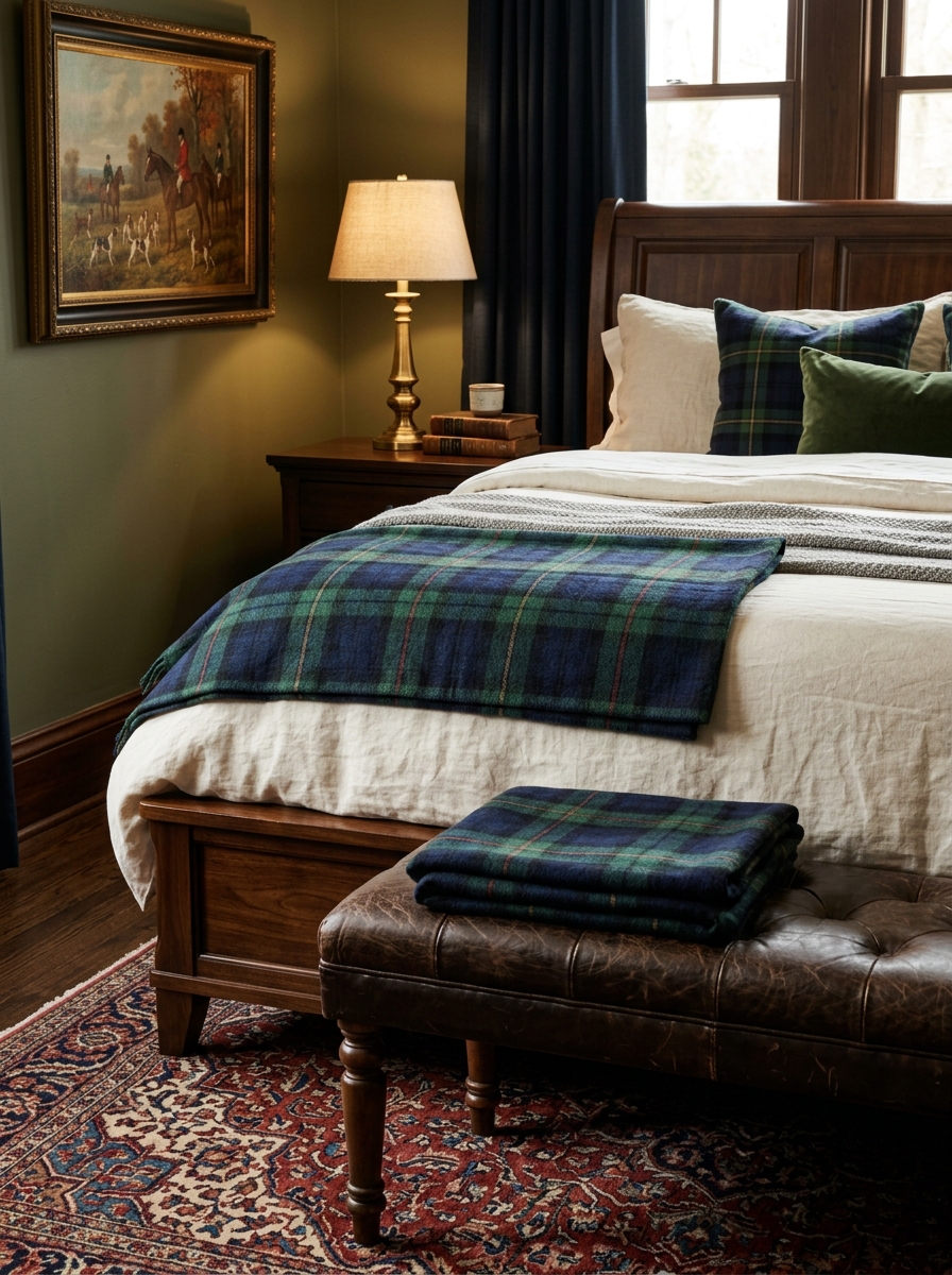 Ralph Lauren-inspired bedroom detail with navy and forest green plaid wool blanket folded across the foot of a cream bed, dark wood bed frame, brass bedside lamp, leather bench, traditional rug, and framed vintage-style artwork