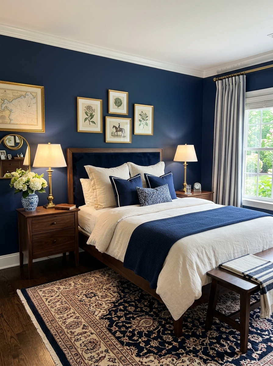 Navy and white Ralph Lauren-inspired bedroom with cream bedding, navy pillows, navy upholstered headboard or accent wall, dark wood nightstands, brass lamps, blue-and-white ceramic bedside vase, striped curtains, and traditional rug