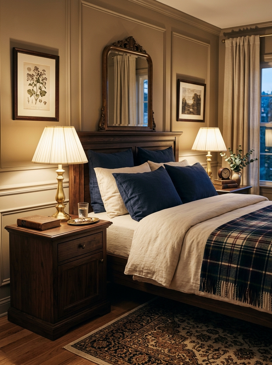 Classic bedroom nightstand scene with two dark wood nightstands, brass bedside lamps with pleated cream shades, cream bedding, navy pillows, plaid throw, vintage-style framed art, and warm evening light