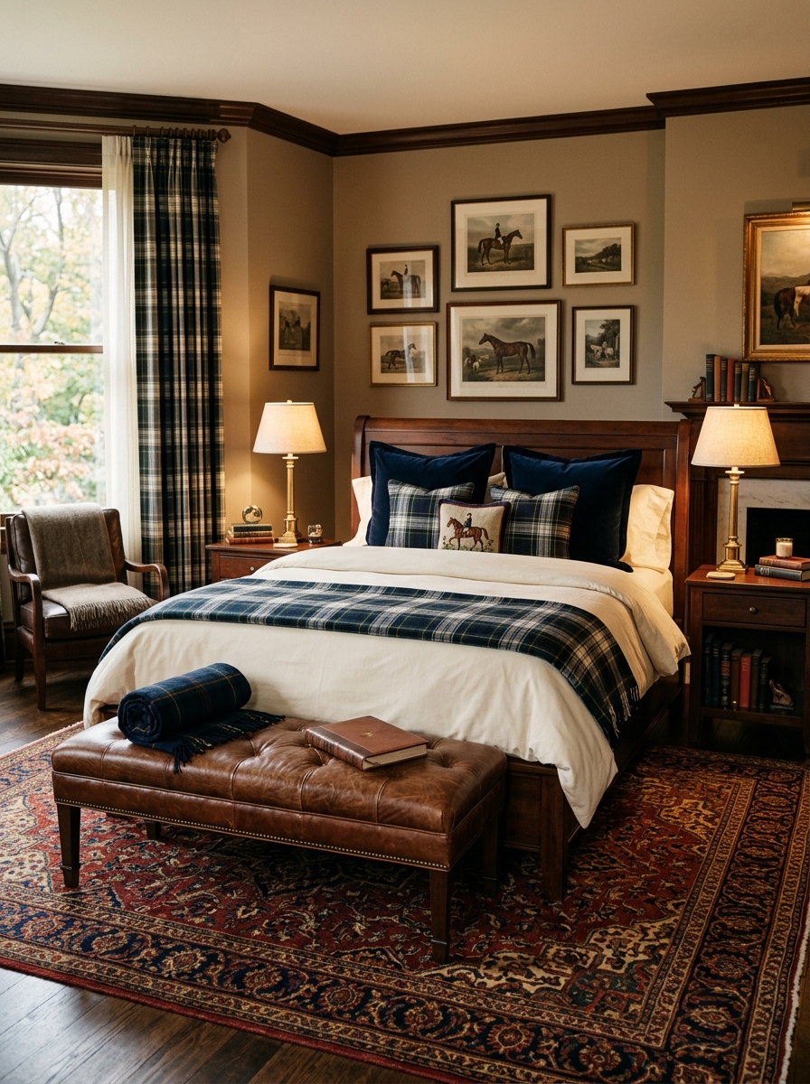 Ralph Lauren-inspired bedroom with brown leather bench at the foot of the bed, dark wood bed, cream bedding, plaid throw, navy pillows, brass bedside lamps, traditional rug, and warm classic styling