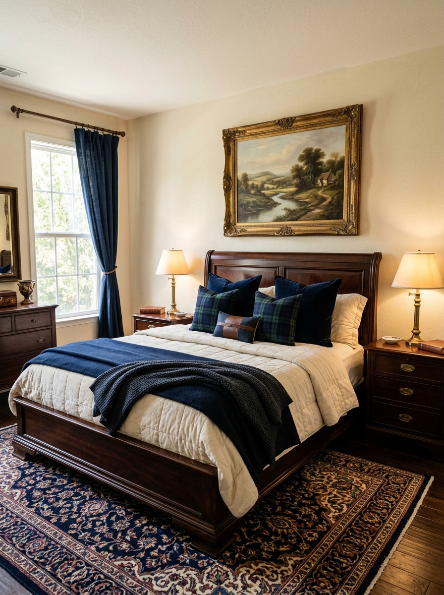 Ralph Lauren-inspired bedroom with vintage-style artwork above the bed, dark wood bed frame, cream bedding, navy and plaid pillows, antique gold framed landscape painting, brass lamps, dark wood nightstands, and traditional rug