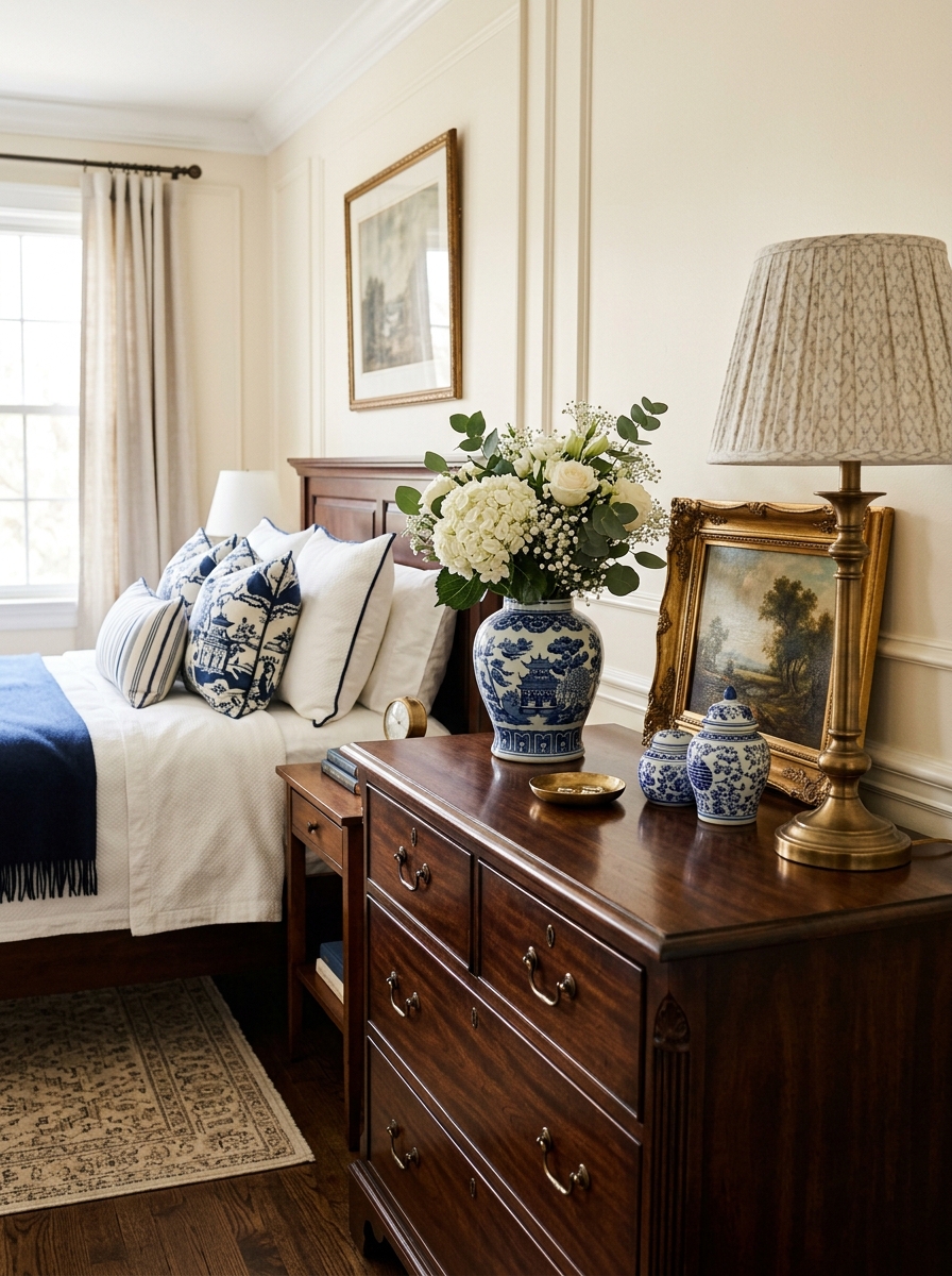 Classic bedroom dresser or nightstand styled with blue-and-white ceramic vase, white flowers, brass lamp, framed vintage artwork, cream walls, and neatly made bed with navy accents in the background