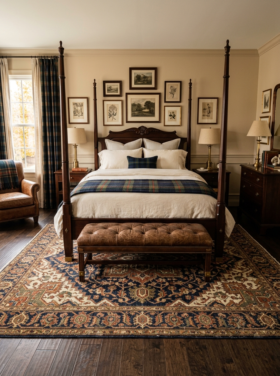 Ralph Lauren-inspired bedroom centered around a faded Persian-style rug in navy, rust, cream, and olive tones with dark wood bed, cream bedding, plaid throw, leather bench, brass lamps, and warm classic decor