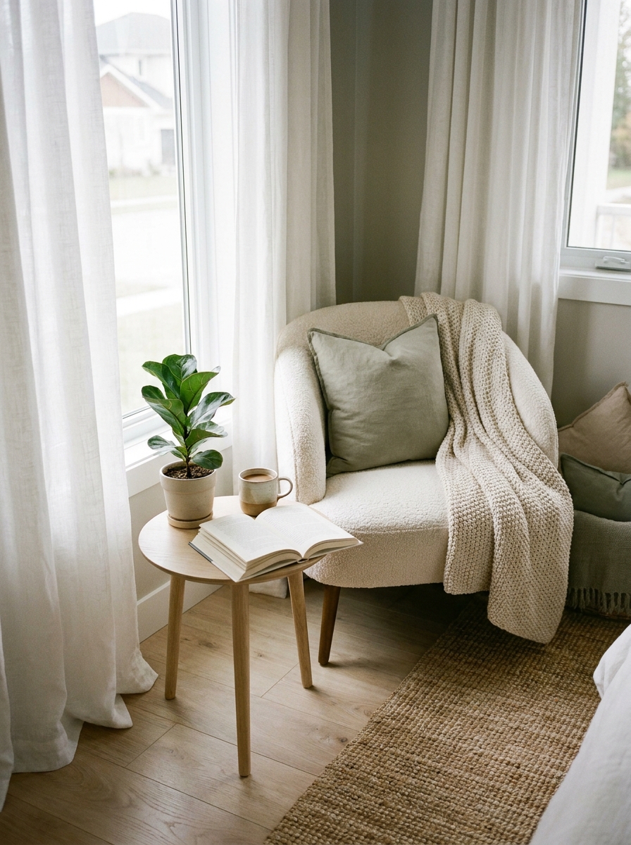 Small reading corner by a bright window with cream accent chair, soft curtains, tiny side table, open book, ceramic cup, and leafy plant
