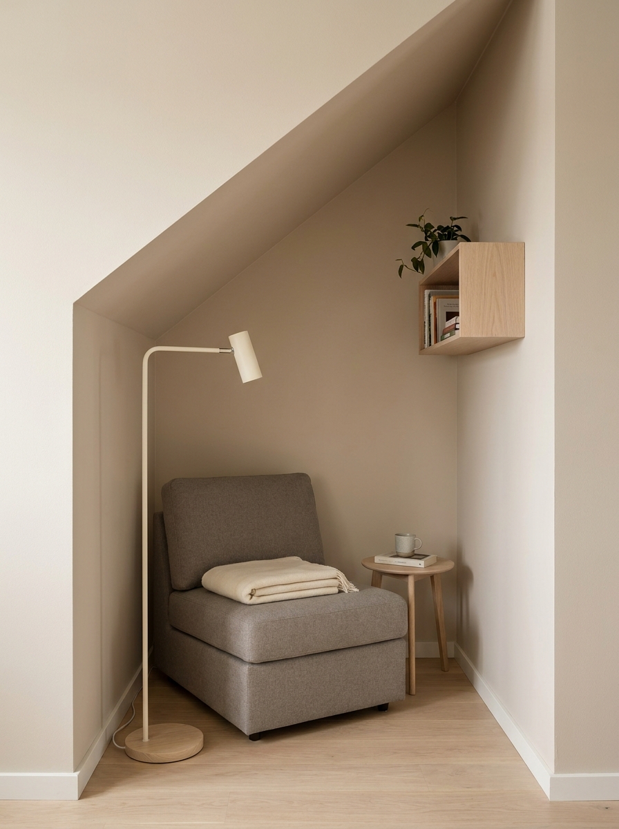 Awkward small corner turned into a reading nook with compact chair, wall-mounted shelf, slim floor lamp, tiny side table, folded blanket, and sloped ceiling