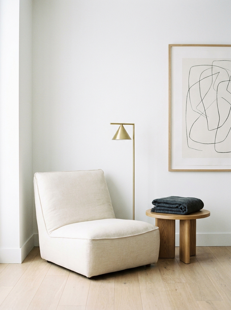 Minimalist reading corner with cream lounge chair, slim black or brass floor lamp, round side table, folded throw, white walls, light wood floor, and framed print