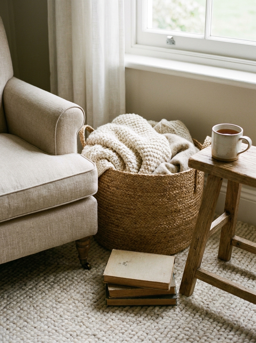Close-up of reading corner with lower part of chair, woven basket filled with folded blankets, small stack of books, light rug, side table, and cup