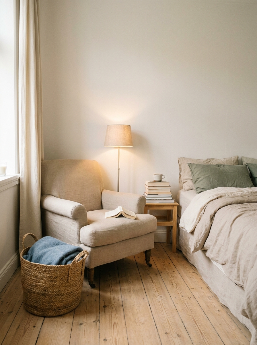 Bedroom reading corner in a small cozy bedroom with upholstered chair, floor lamp, woven blanket basket, book stack, and neutral bedding