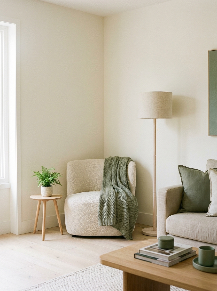 Living room reading corner with compact accent chair, floor lamp, tiny side table, throw blanket, plant, sofa, and coffee table in background