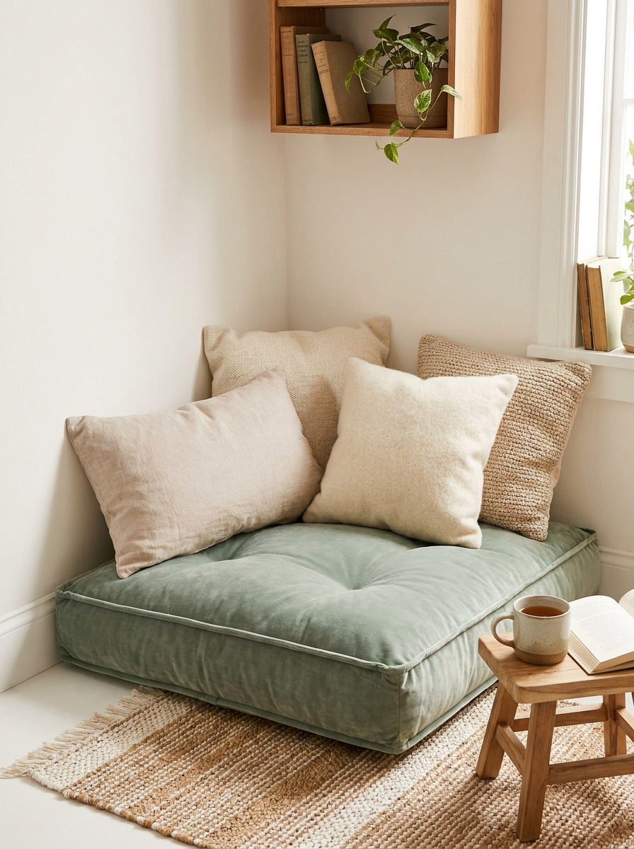 Small floor cushion reading nook with oversized cushion, layered pillows, textured rug, low wooden stool, book, cup, and wall shelf