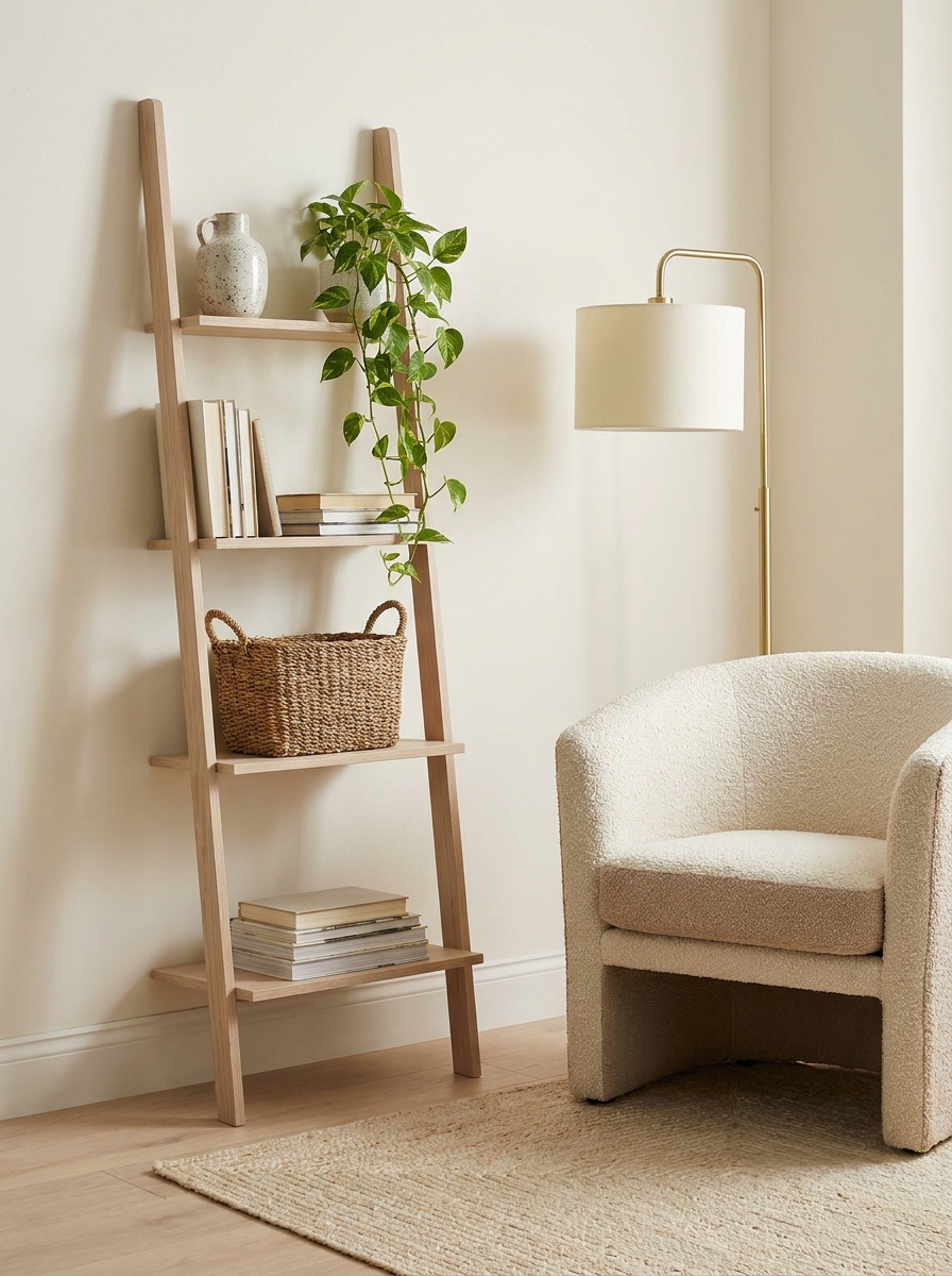 Small bookshelf reading corner with pale oak bookcase beside comfortable chair, books, woven basket, ceramic vase, trailing plant, floor lamp, and light rug