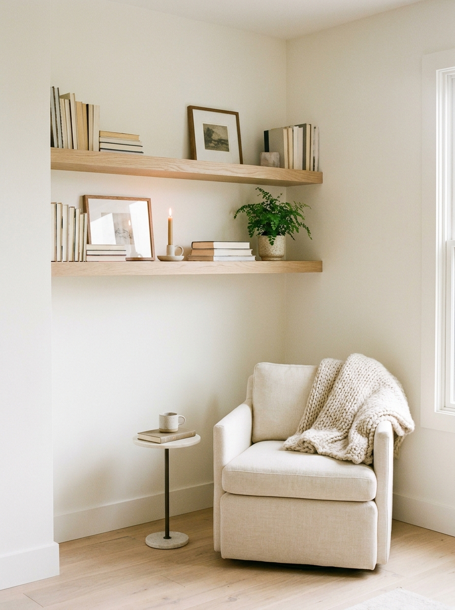 Small reading corner with floating wooden wall shelves above compact chair, books, framed art, candle, plant, side table, and throw blanket