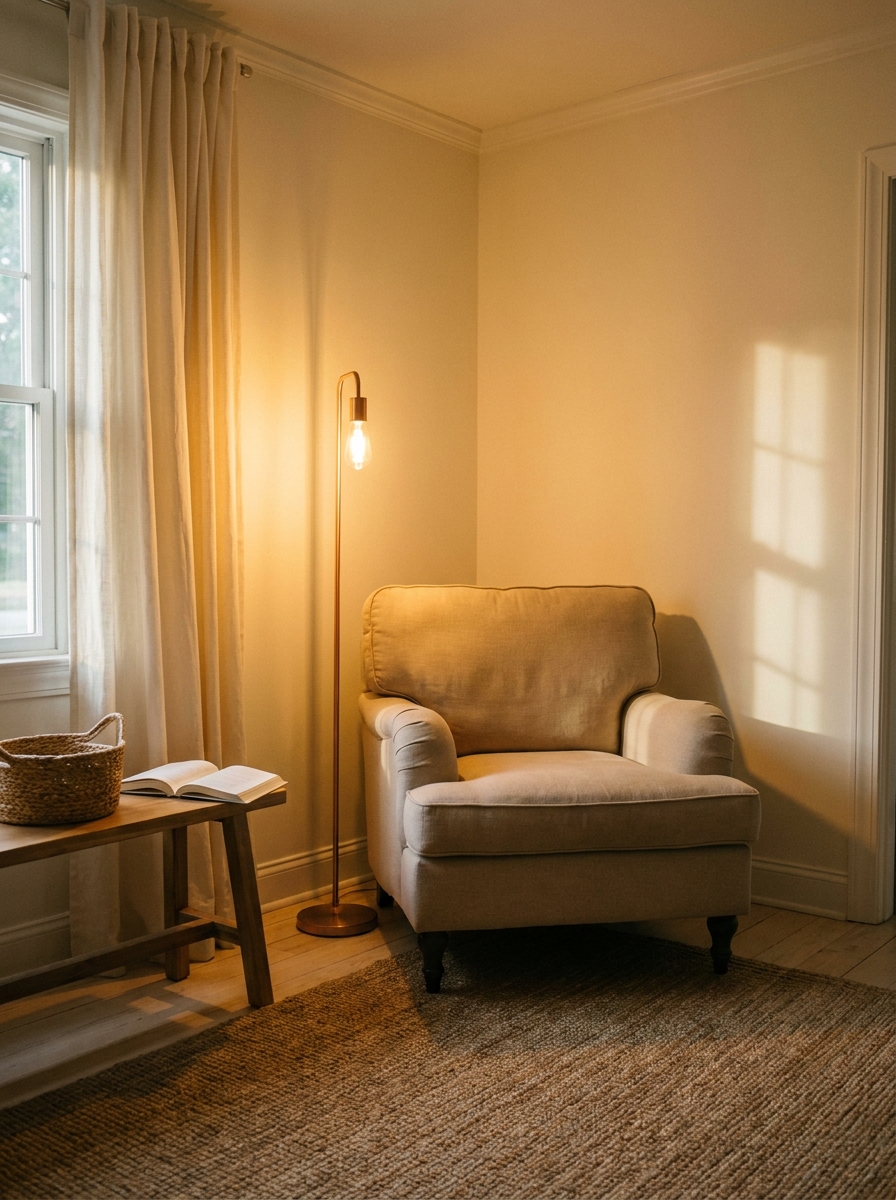 Evening reading corner with comfortable chair, slim glowing floor lamp, small table with book, woven basket, curtains, and warm shadows