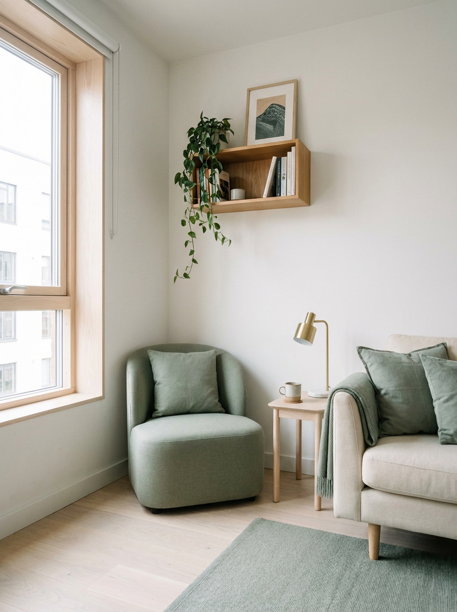 Apartment reading nook with compact chair beside sofa or window, slim side table, wall shelf with books, plant, lamp, and clear walking room