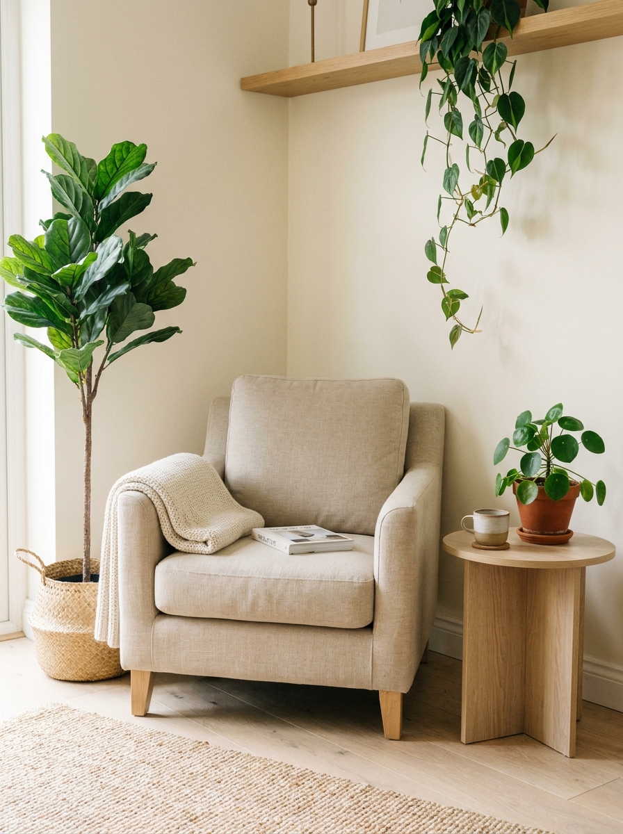 Reading corner with beige chair surrounded by tall leafy plant, small potted plant on side table, trailing plant on shelf, book, throw, and rug