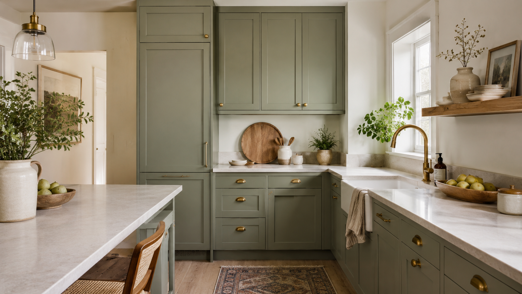 Modern sage green kitchen with shaker cabinets, brass hardware, pale stone countertops, warm white walls, light oak accents, plant, and ceramics