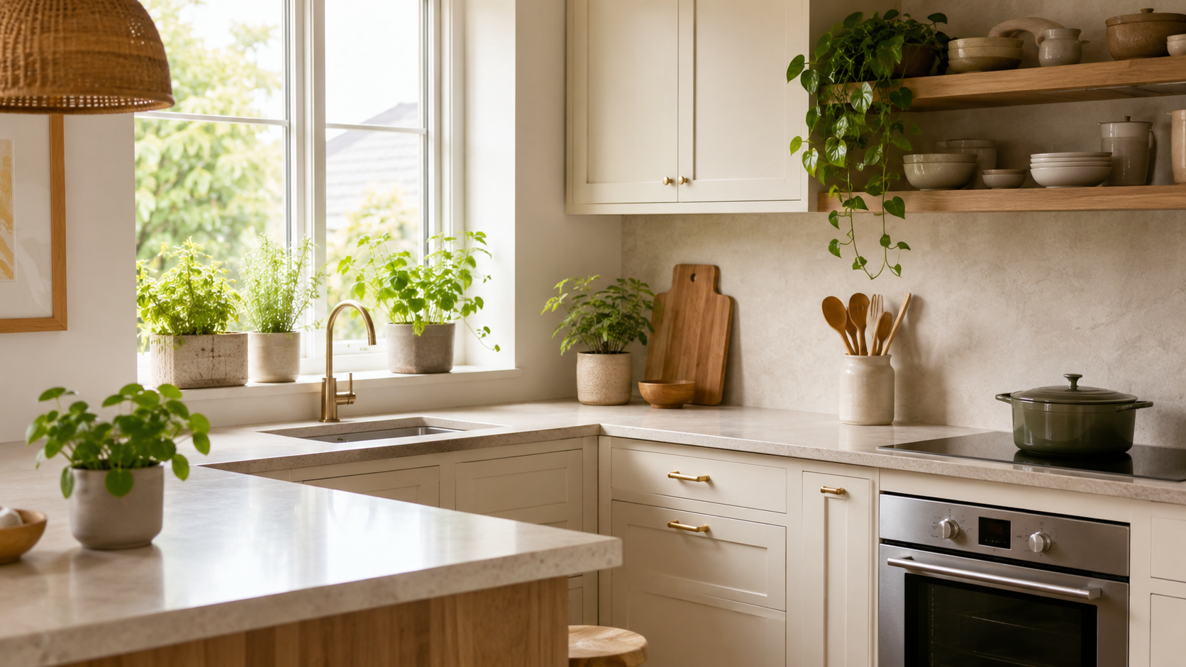 Bright kitchen where plants are the main green element, with herbs on windowsill, trailing plant on open shelf, leafy plant on counter, cream cabinets, and pale wood