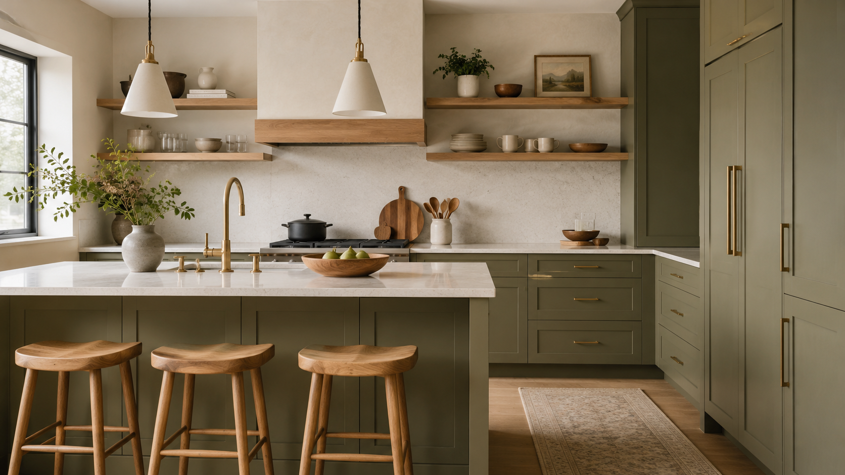 Kitchen with muted green cabinets, natural wood accents, light oak open shelves, wooden stools, cutting boards, pale stone counter, ceramics, and plant