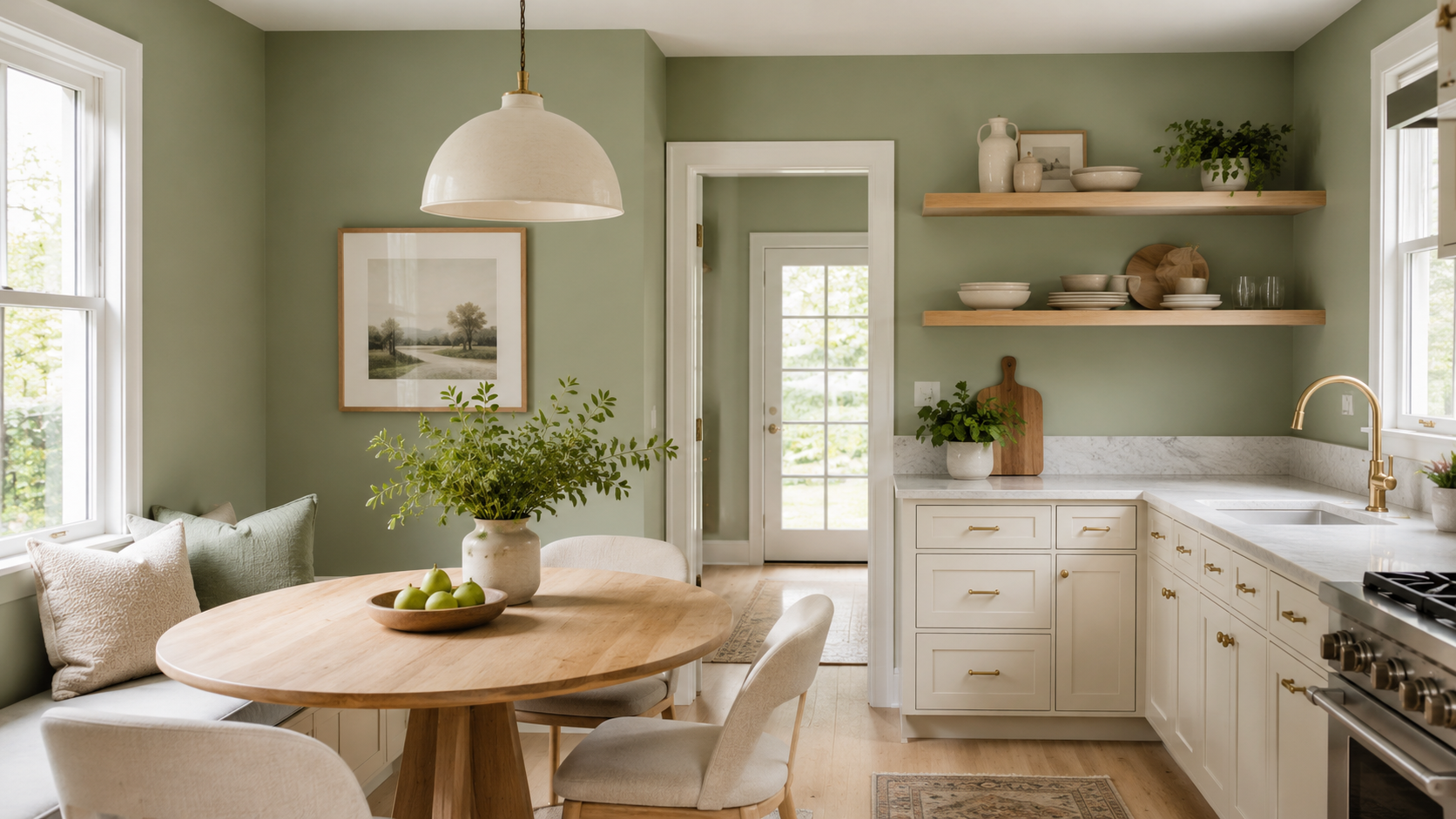 Small kitchen or breakfast nook with soft muted sage or eucalyptus green painted walls, cream cabinets, pale wood shelves, round dining table, and simple decor