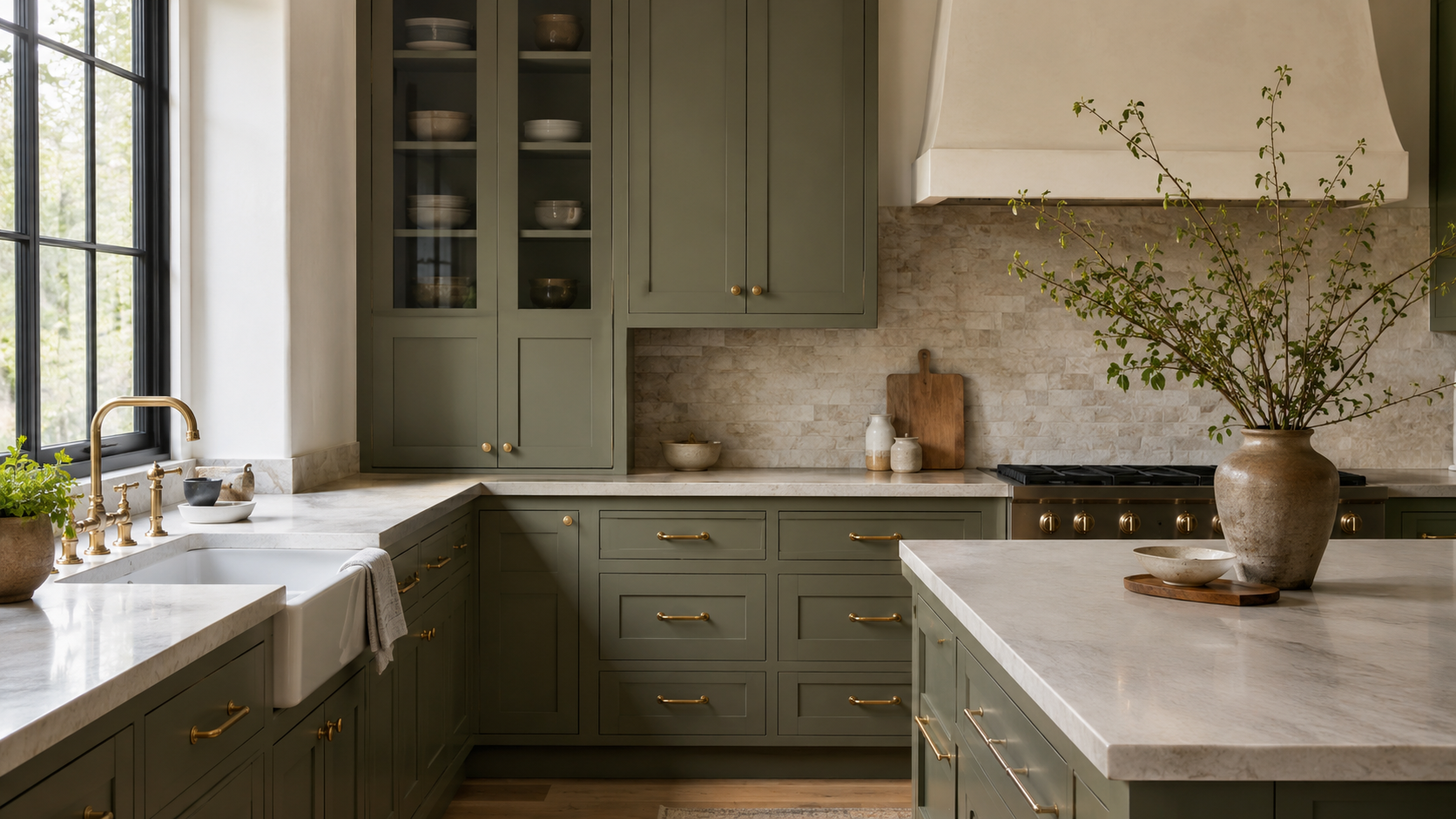 Elegant green kitchen with cream walls, muted green cabinets, pale stone countertops, stone backsplash, brass hardware, ceramic vase, and branch arrangement