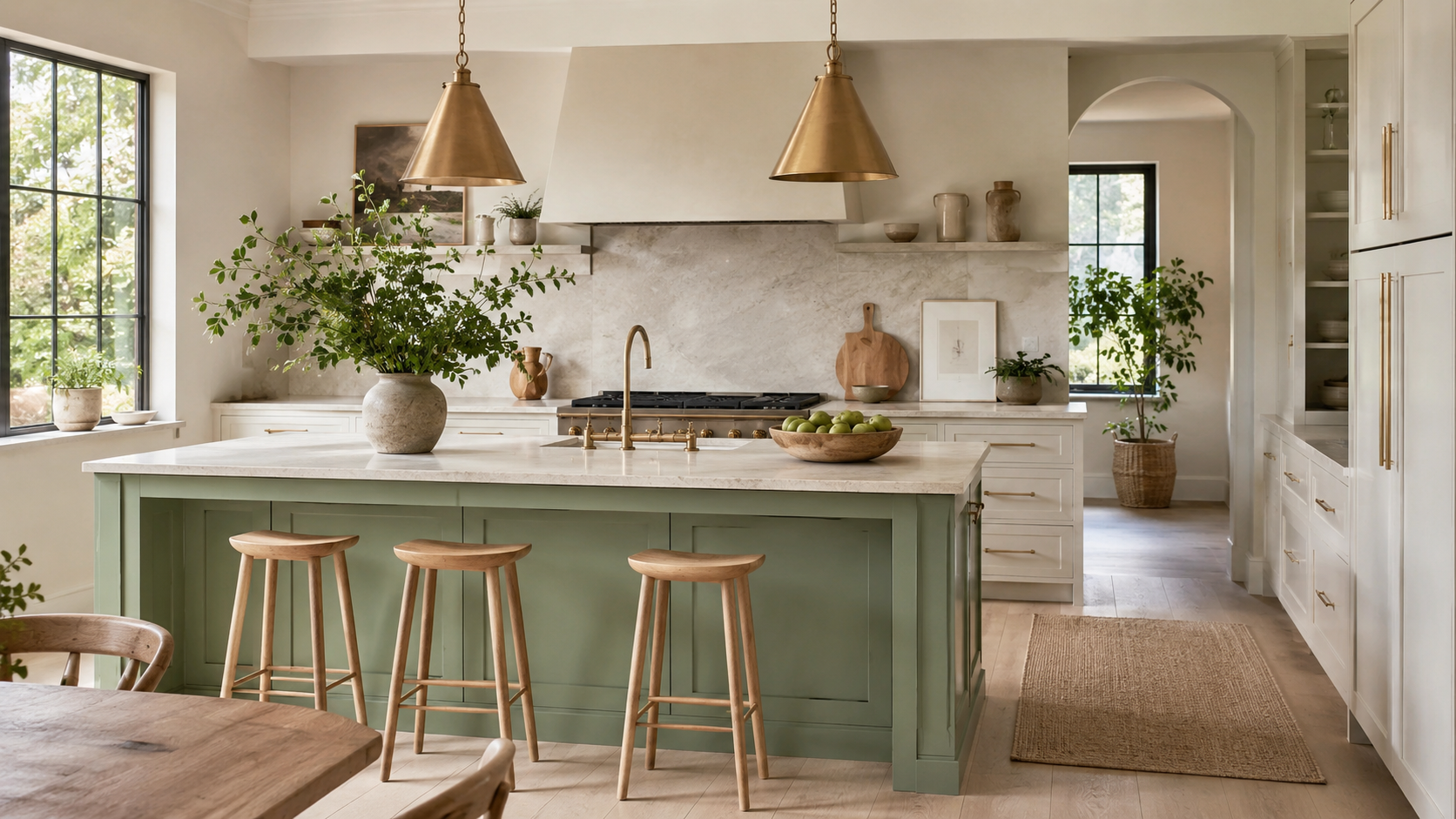 Bright kitchen with muted green island, cream perimeter cabinets, pale stone counter, brass pendant lights, light oak stools, and greenery