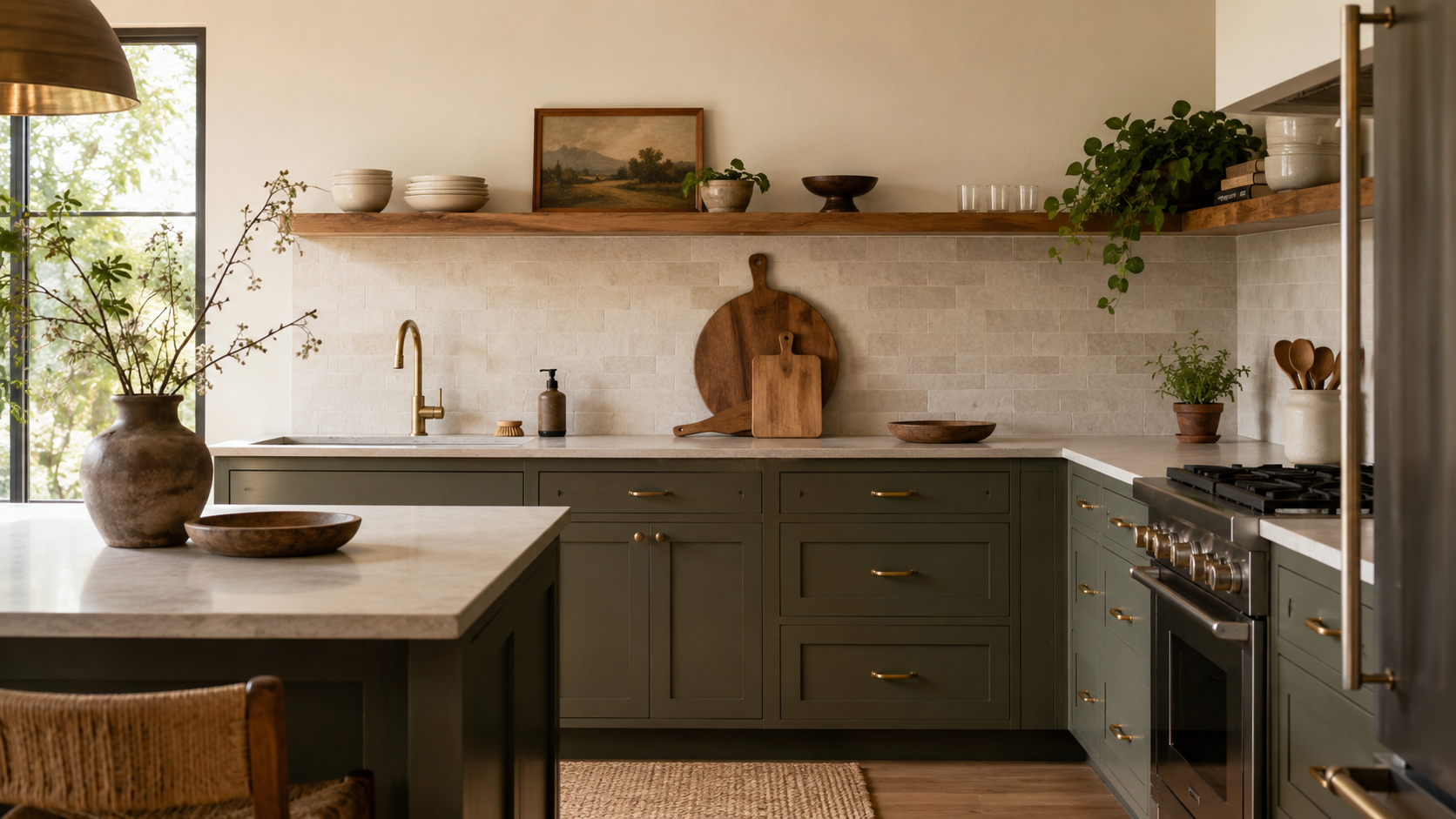 Kitchen with olive green lower cabinets, cream upper walls, warm wood shelves, brass hardware, light stone backsplash, cutting boards, and plant