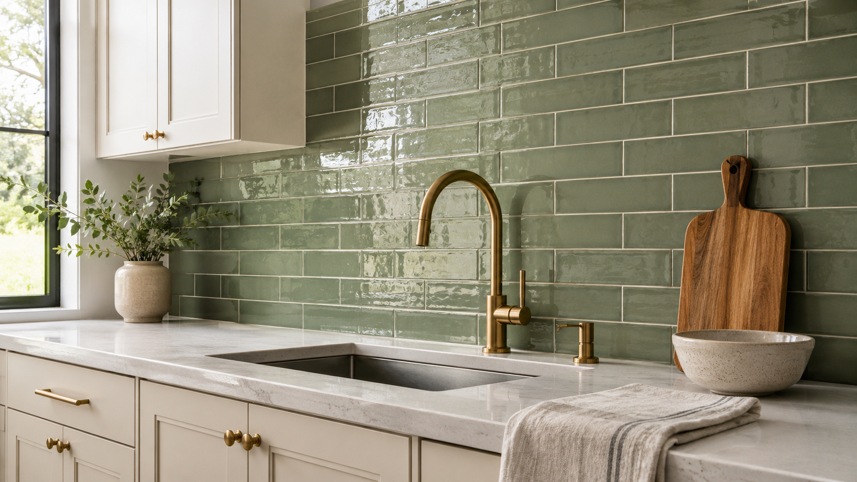 Kitchen with glossy sage or muted green tile backsplash, cream cabinets, brass faucet, light counter, ceramic bowl, cutting board, and linen towel