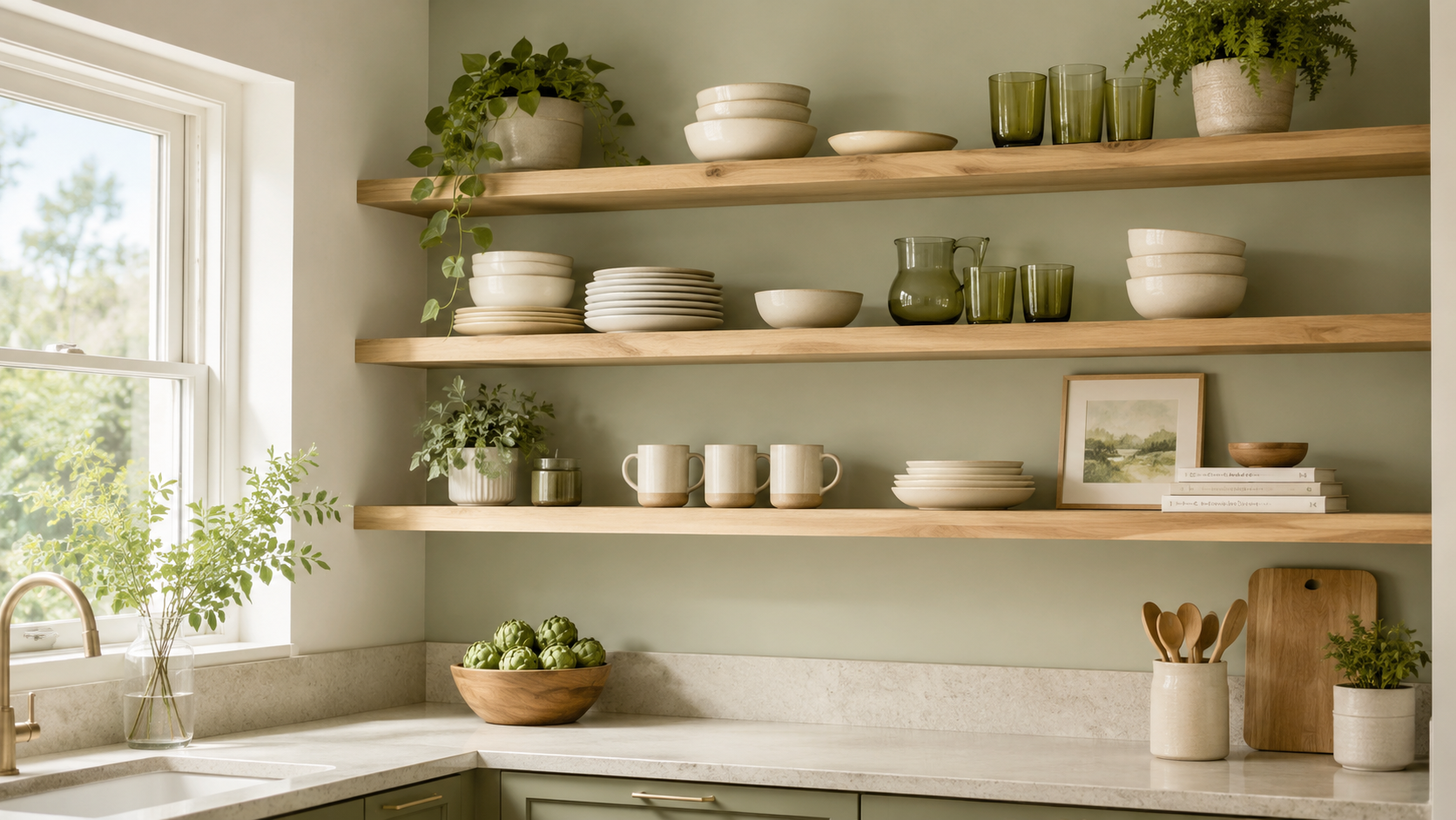 Open kitchen shelves with green styling theme, cream ceramics, olive glassware, plants, cookbooks, framed print, light counter, and daylight