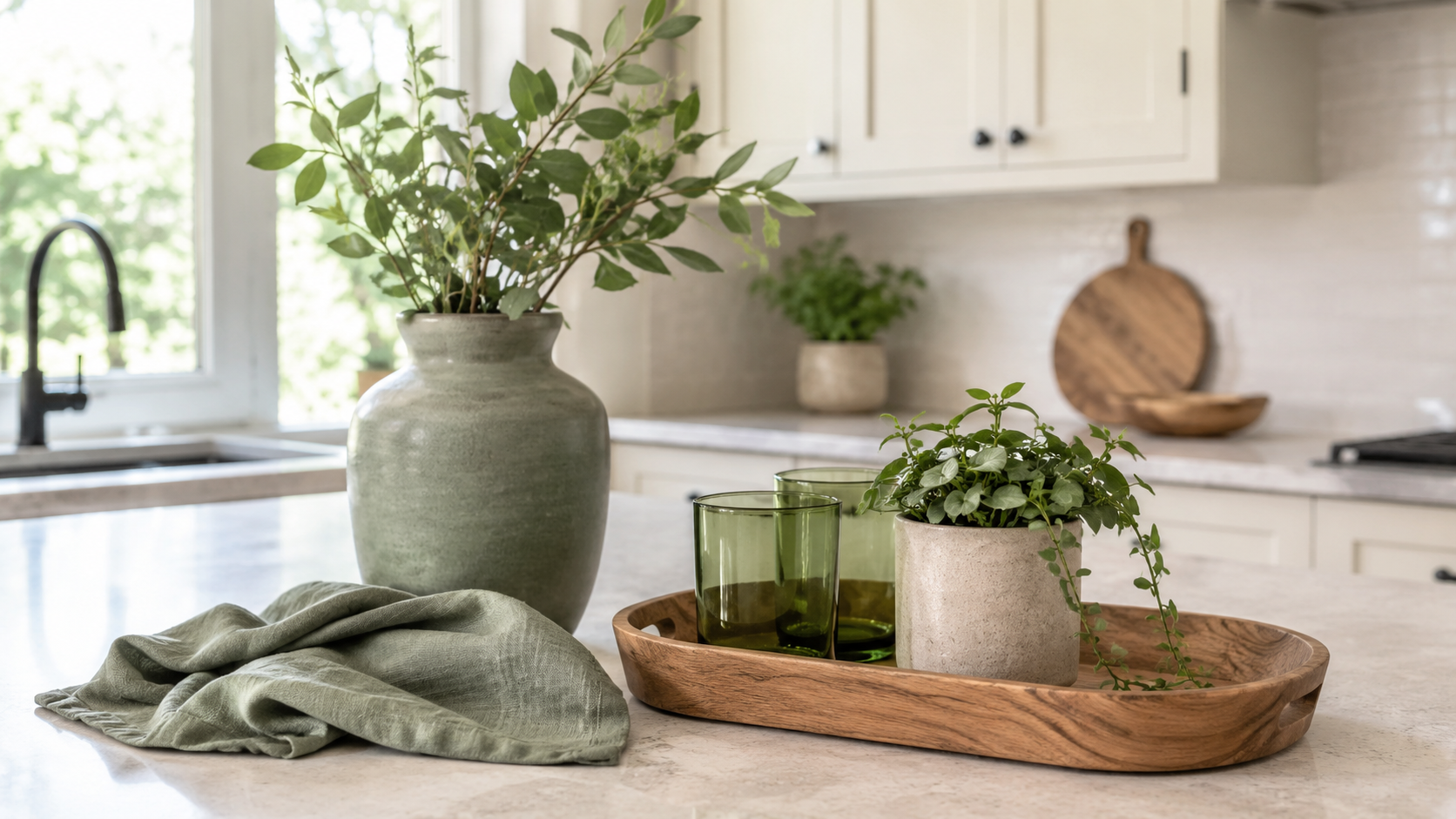 Kitchen counter with green decor accents including muted green vase, sage linen towel, olive glassware, plant pot, and wooden tray