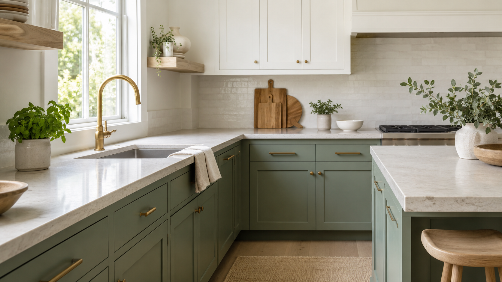 Fresh green and white kitchen with sage lower cabinets, white upper cabinets or walls, pale stone counter, brass faucet, light wood accents, herb, and ceramic bowl