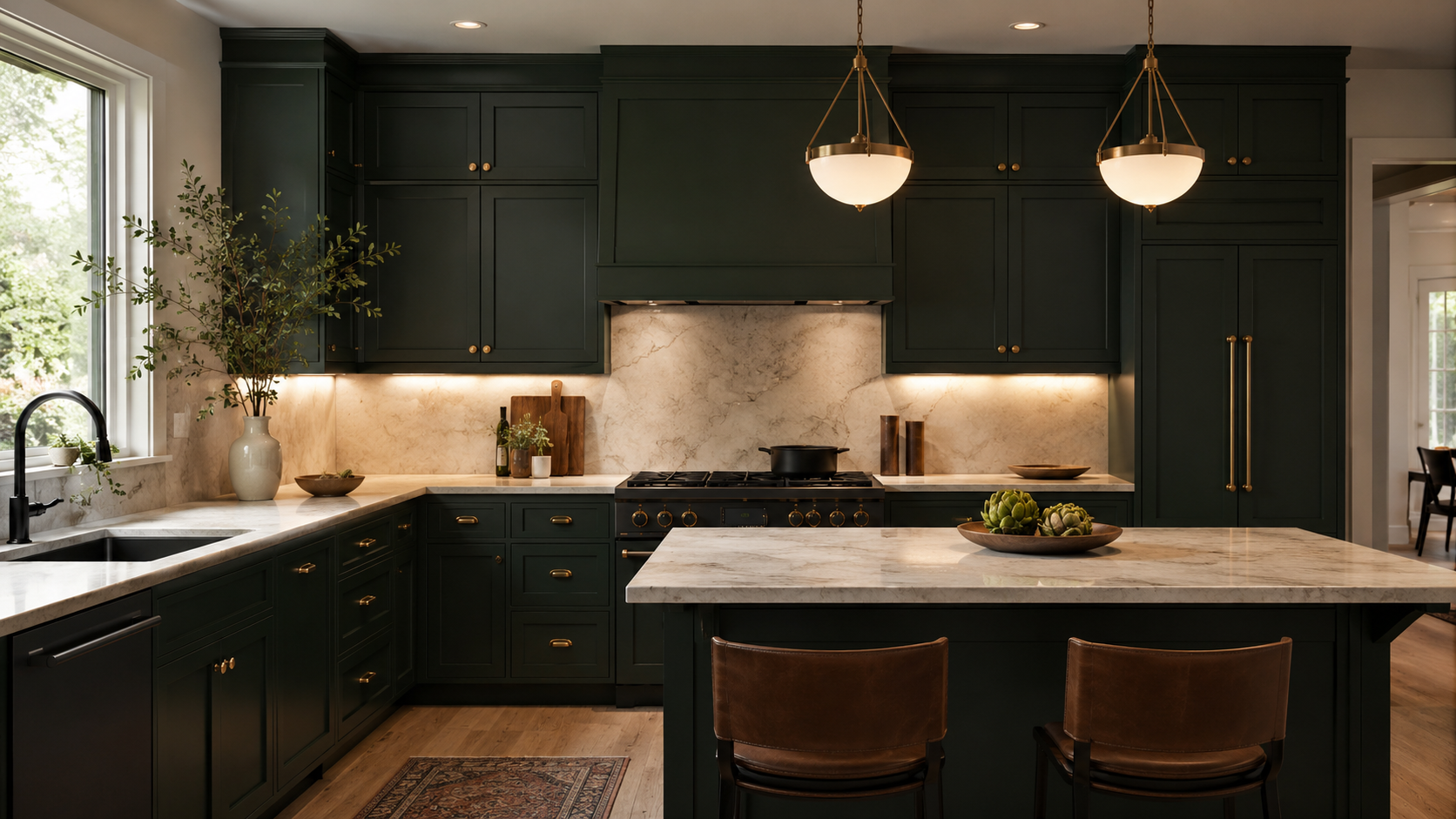 Dark green modern kitchen with deep forest cabinets, pale stone countertops, warm hardware, under-cabinet lighting, vase with branches, and minimal decor