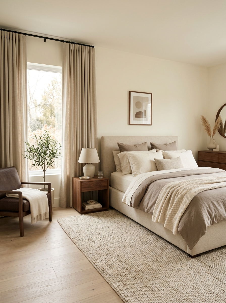 Minimalist luxury bedroom with warm ivory walls, oatmeal upholstered bed, cream and taupe bedding, beige curtains, pale rug, walnut accents, and soft daylight