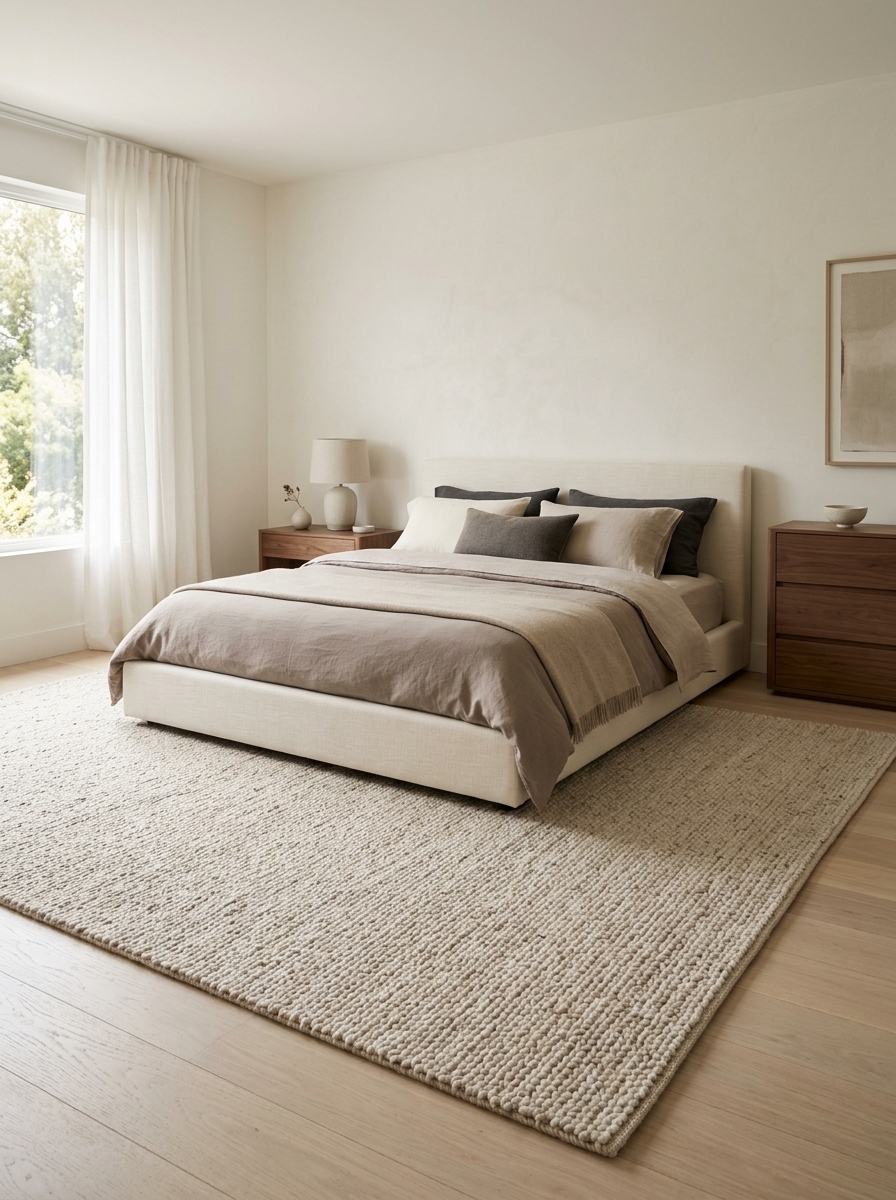 Minimalist luxury bedroom focused on large oatmeal textured rug beneath low cream upholstered bed, pale wood flooring, taupe bedding, walnut furniture, and morning light