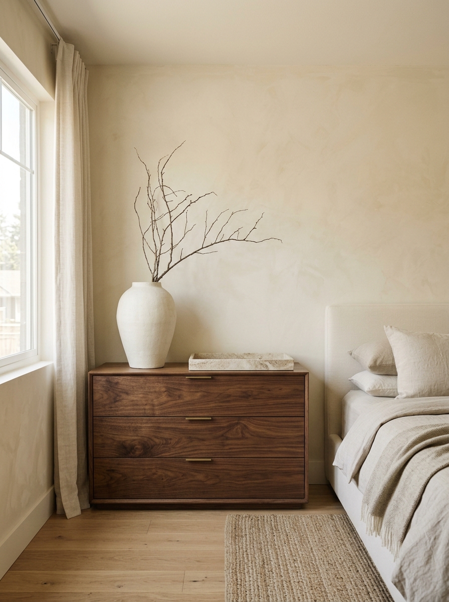 Minimalist luxury bedroom dresser styled with one oversized ceramic vase and branches, stone tray, book stack, cream bed edge, warm neutral wall, and empty surface space