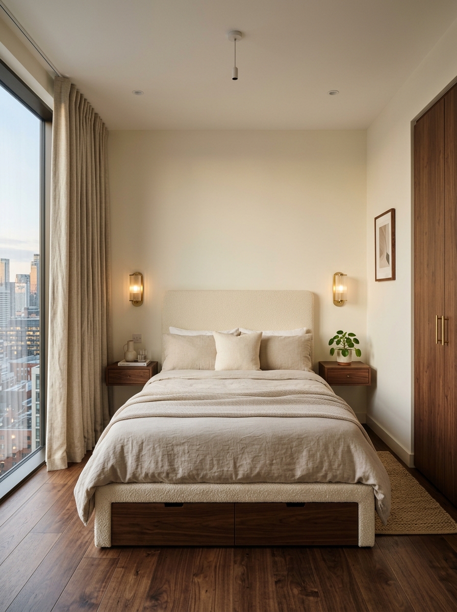 Small minimalist luxury city apartment bedroom with cream upholstered bed, narrow floating nightstands, wall lights, full-height curtains, under-bed storage, slim wardrobe, and warm ivory tones