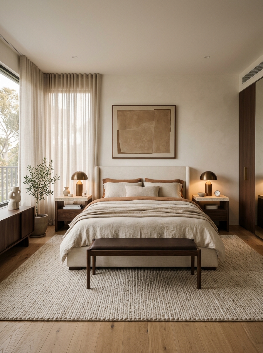 Complete minimalist luxury bedroom with upholstered cream bed, linen bedding, dark walnut furniture, pale stone bedside surface, large wool rug, full-height curtains, and glowing bronze lights