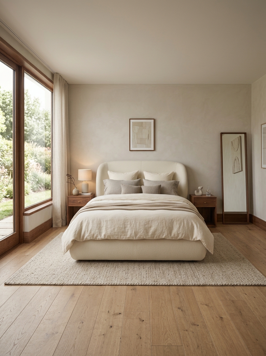 Minimalist luxury bedroom centered around a sculptural cream upholstered bed with rounded corners, layered neutral bedding, nightstands, walnut details, and daylight