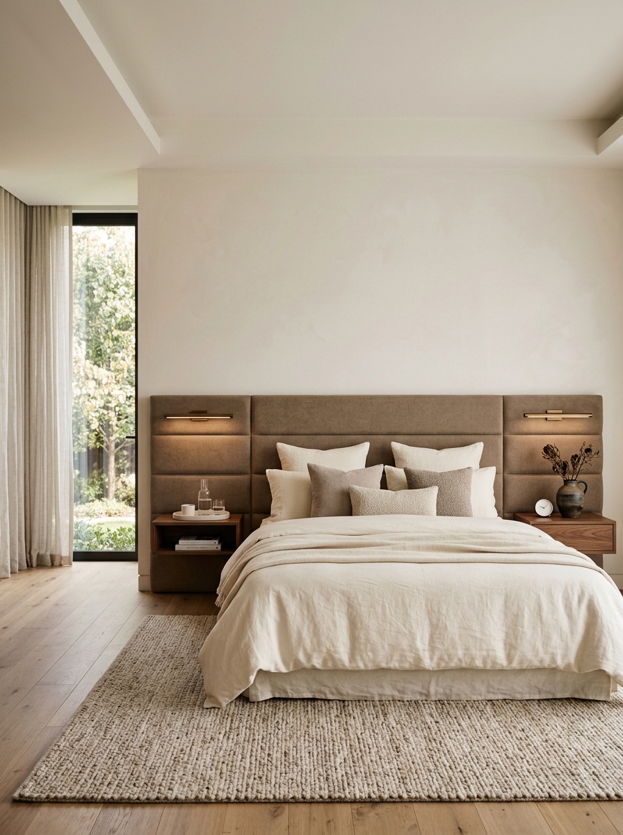 Minimalist luxury bedroom with oversized padded taupe headboard extending behind bed and nightstands, cream bedding, floating walnut tables, and bronze wall lights