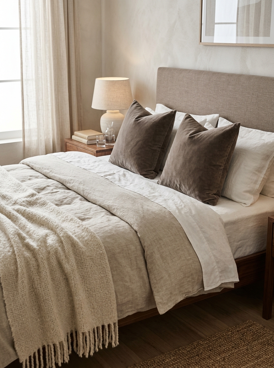 Minimalist luxury bed with warm white linen sheets, oatmeal duvet, cream wool throw, taupe velvet cushions, padded headboard, walnut nightstand, and tactile daylight detail