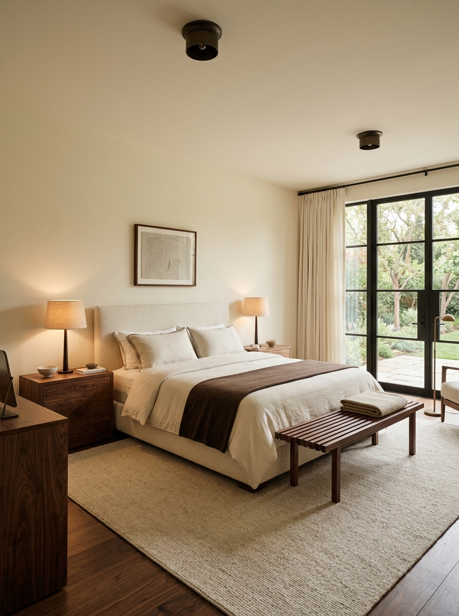 Minimalist luxury bedroom with cream upholstered bed, dark walnut nightstands and bench, ivory walls, pale rug, bronze lighting, visible wood grain, and restrained styling
