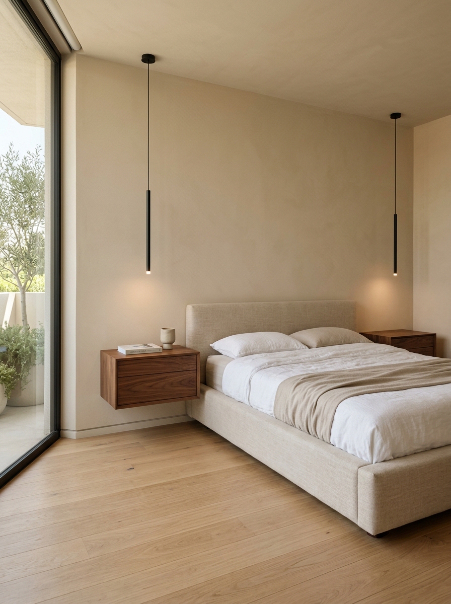 Minimalist luxury bedroom with low upholstered bed, floating walnut drawer nightstands, slim pendant lights, beige walls, open flooring, book, and ceramic object