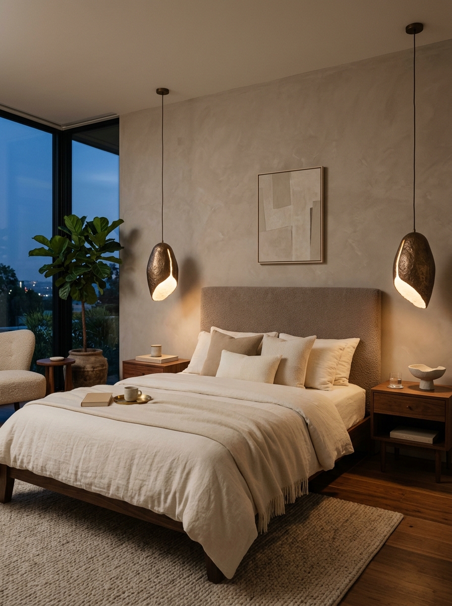 Evening minimalist luxury bedroom with sculptural bronze or plaster pendant lights beside taupe upholstered bed, warm glow, walnut nightstands, and cream bedding