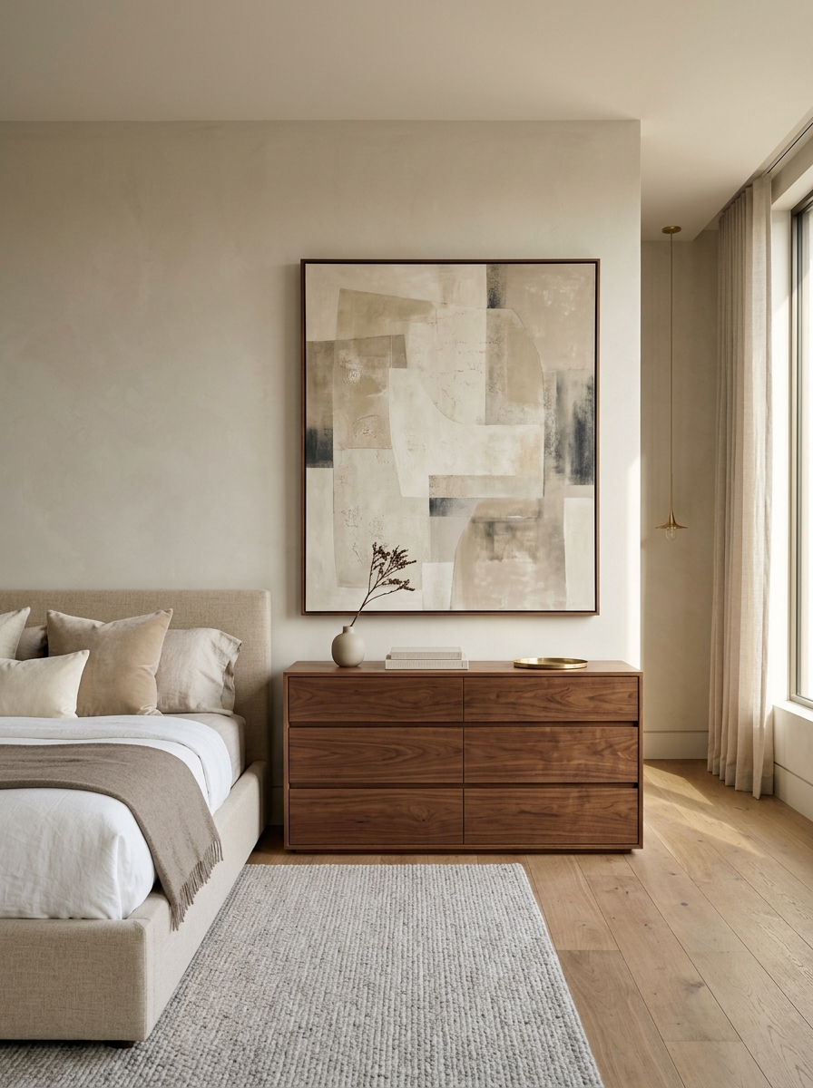 Minimalist luxury bedroom with one oversized abstract artwork in cream, taupe, and muted charcoal above walnut dresser, edge of upholstered bed, warm daylight, and limited decor