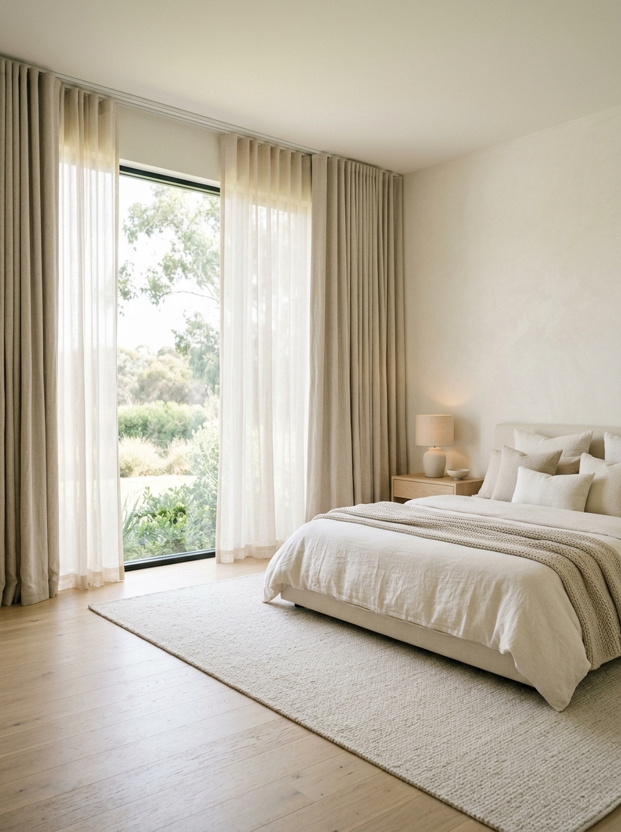 Minimalist luxury bedroom with ceiling-mounted oatmeal linen curtains, warm white sheers, large window, filtered daylight, cream bed, pale textured rug, and low furniture