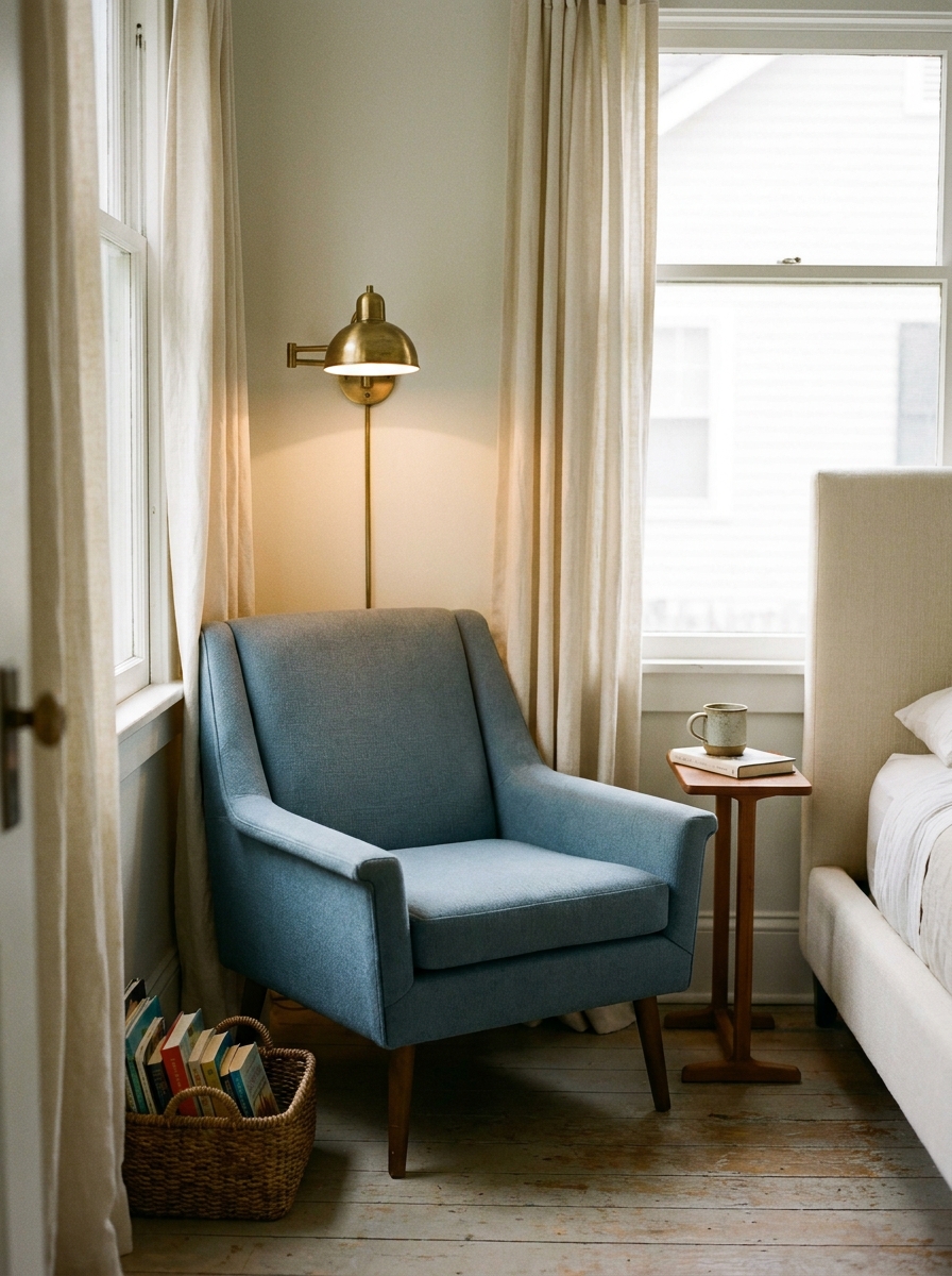 Small bedroom reading nook with dusty blue compact chair, wall-mounted brass reading light, narrow wood side table, cream bed, linen curtains, and book basket