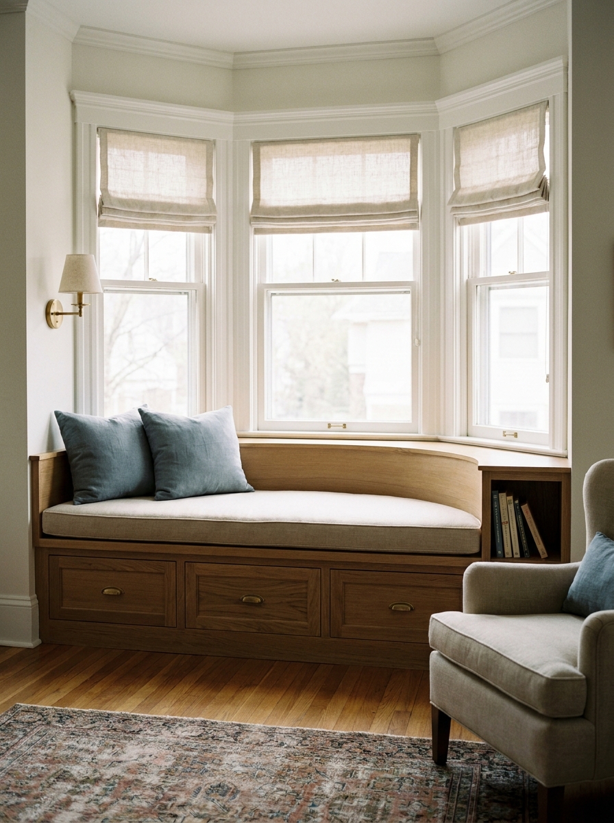 Compact bay-window reading nook with built-in bench, beige cushion, muted blue pillows, storage drawers, Roman shades, wall sconce, and book cubby