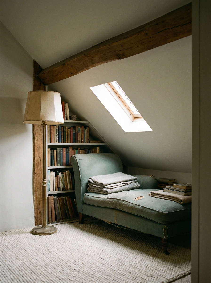 Small attic reading nook beneath sloped ceiling with low dusty green lounge chair, short built-in bookcase, small floor lamp, cream rug, exposed wood beam, and roof window