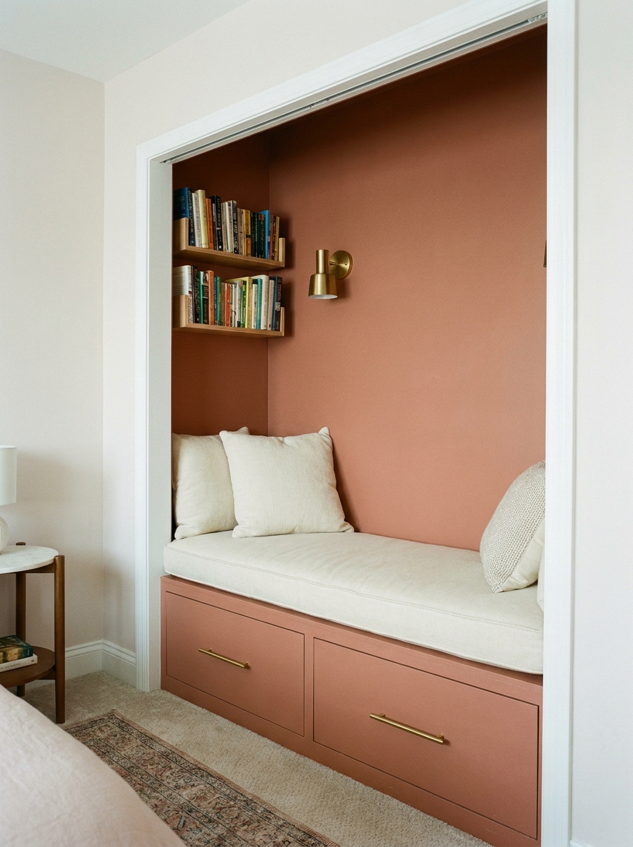Converted shallow closet reading nook with doors removed, built-in bench, muted terracotta interior, cream cushion, wall shelves of books, storage drawers, and brass sconce