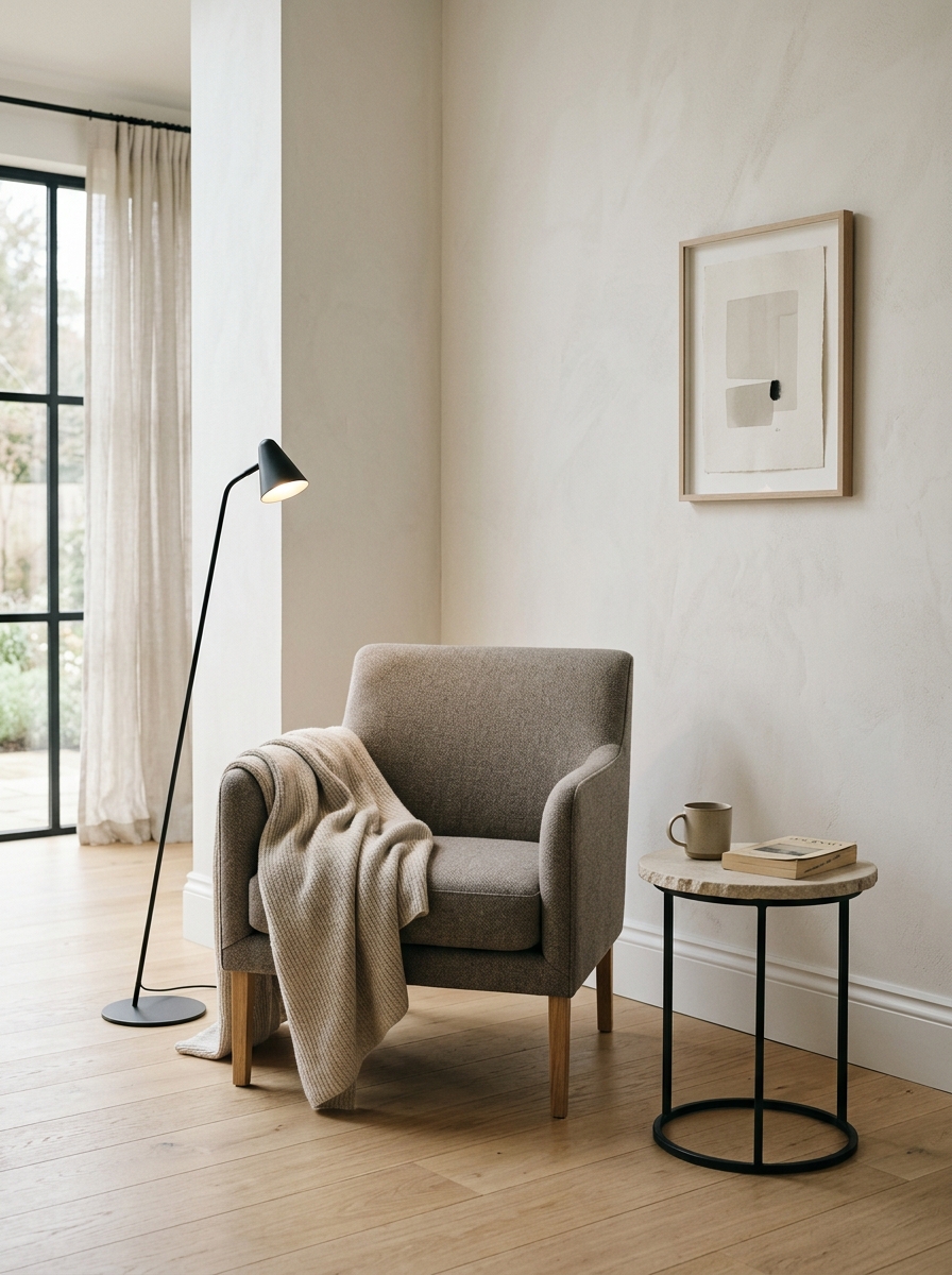 Minimal small reading corner with compact warm gray chair, slim sculptural floor lamp, tiny round stone table, off-white wall, simple framed artwork, and oatmeal throw